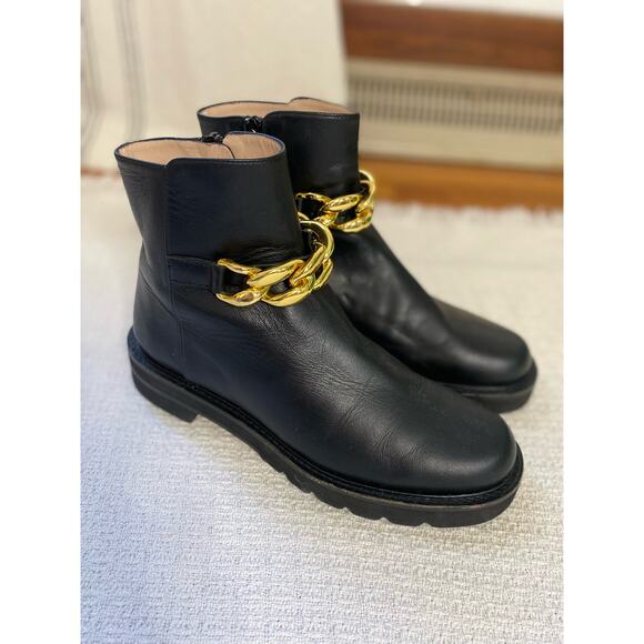 Stuart Weitzman Gold Chain Lift Leather Boot Black Lug Sole Moto Combat - Picture 3 of 8